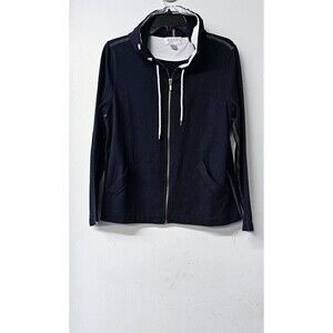 CASUAL CORNER ANNEX Petite Navy Blue Long Sleeve Hooded Front Pocket Full Zip Up